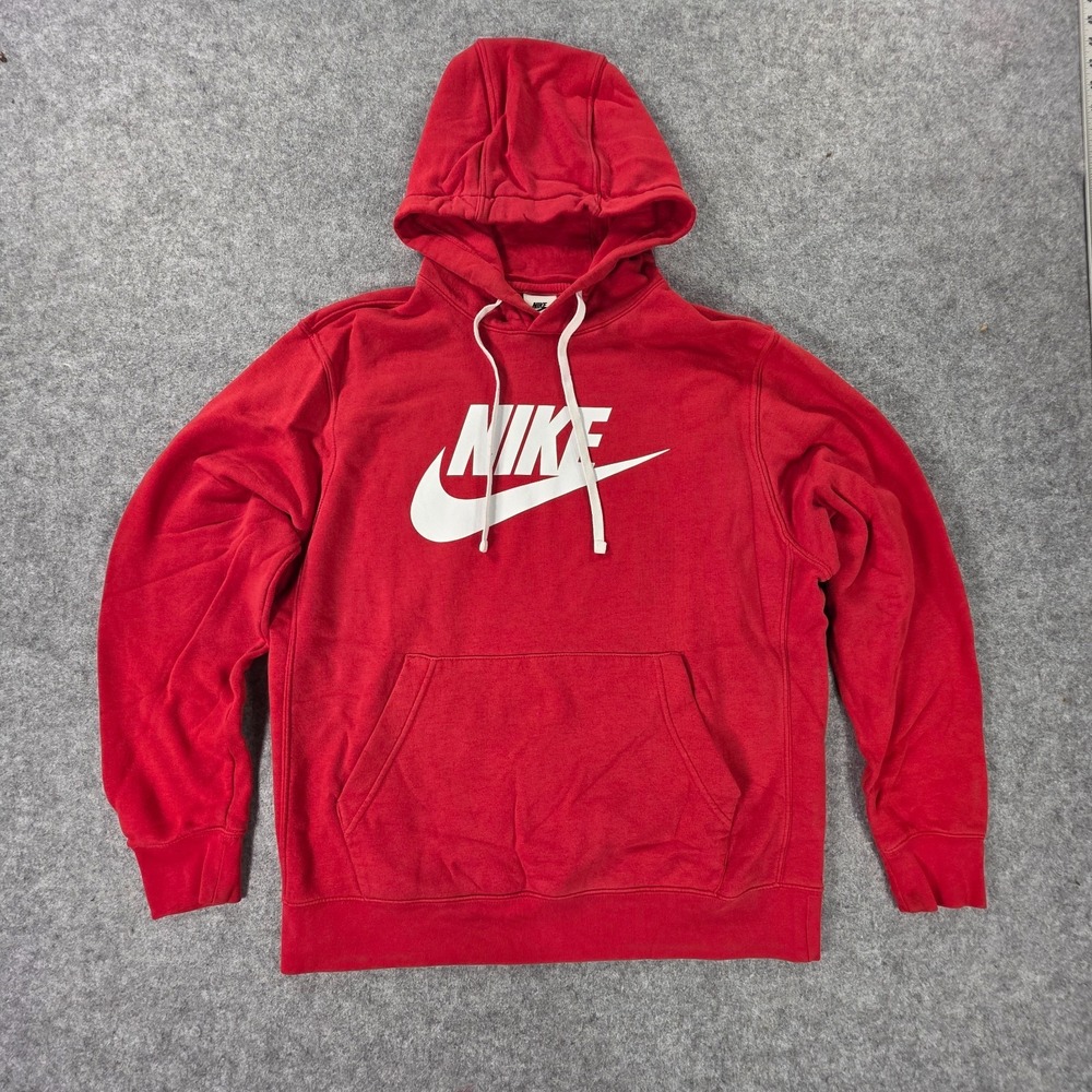 Nike Men's Red Fleece Pullover Hooded Hoodie Logo Pockets Cotton Blend, M
